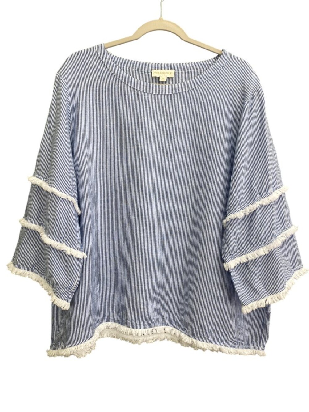 Cynthia Rowley Linen Striped Tiered Fringe Sleeve Top Blue Lagenlook Plus 1X